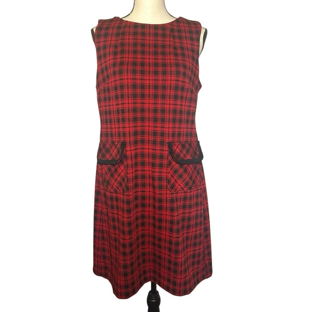 Tommy Hilfiger Women 10 Red Black Tartan Plaid Jumper Dress Preppy Dark Academia - Picture 2 of 13